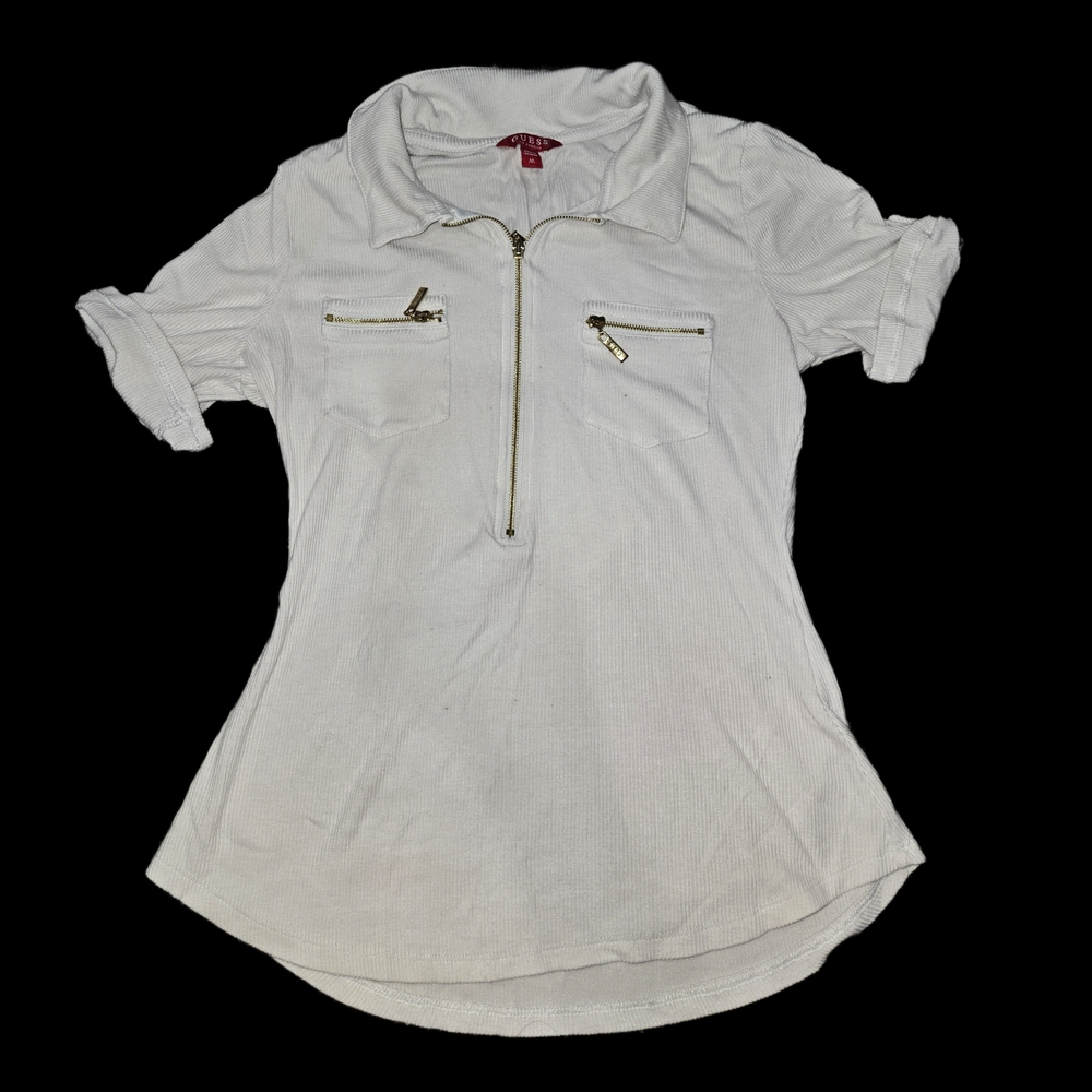 Guess White Short Sleeve Zip-Up Top